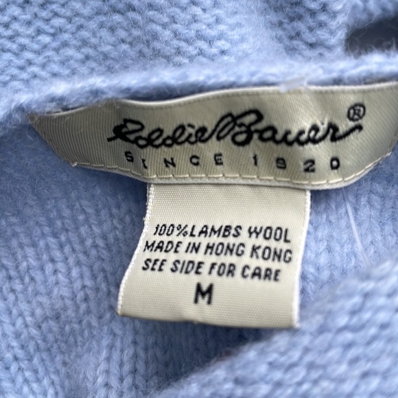 Eddie Bauer 100% lambs wool knit sweater baby blue and darker blue trim Sz M - Picture 4 of 6